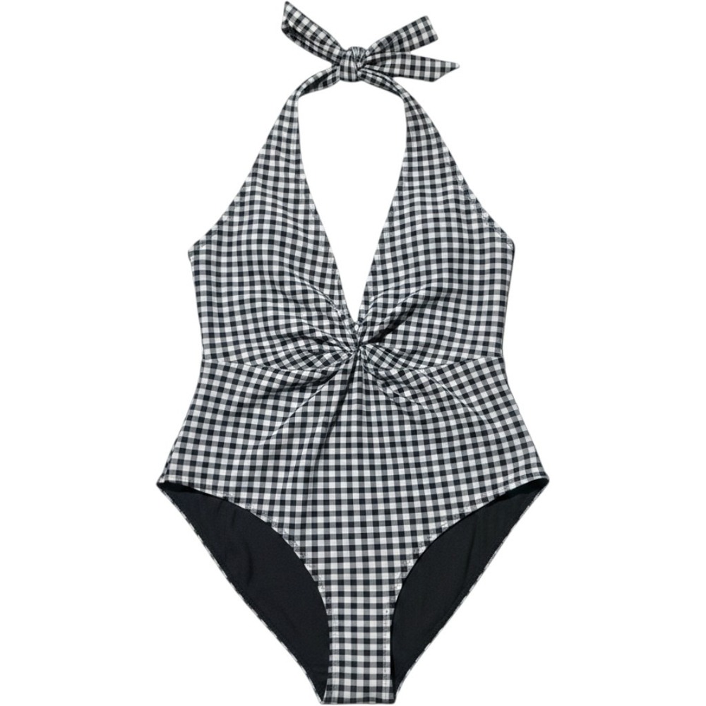 Ganni Gingham Halter One Piece Swimsuit Black White Twist Front Size 40